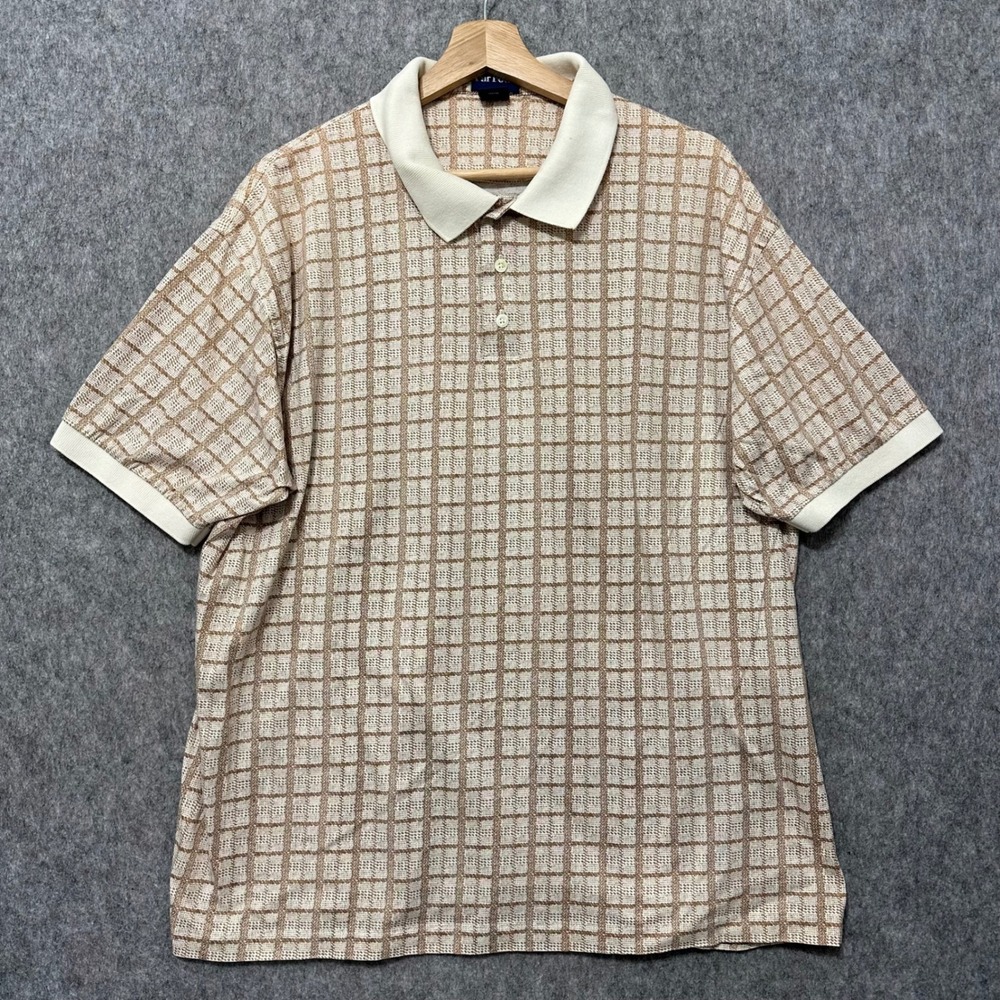 Par Four Mens Sz‎ 2XL Polo Shirt Tan White Grid Check Short Sleeve 100% Cotton